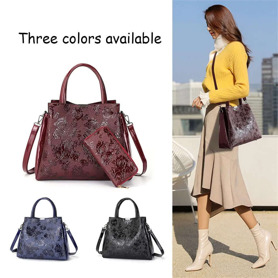 Women's Casual Patent Leather Floral Printed Dating Crossbody Tote Handbags