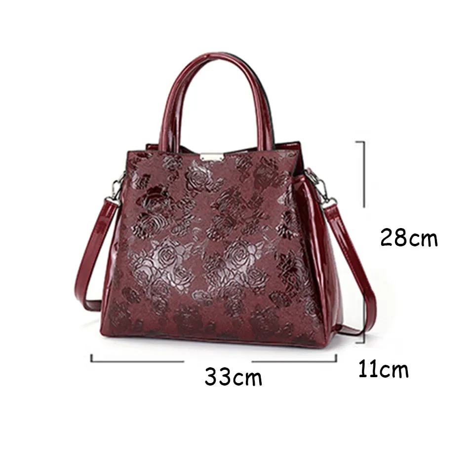 Women's Casual Patent Leather Floral Printed Dating Crossbody Tote Handbags