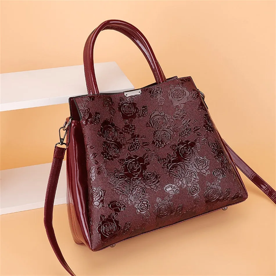 Women's Casual Patent Leather Floral Printed Dating Crossbody Tote Handbags