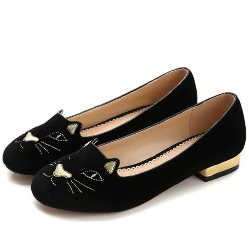 Women's Shallow Pay Link Cute Cat Flat Round Toe Flat Slip On Shoes