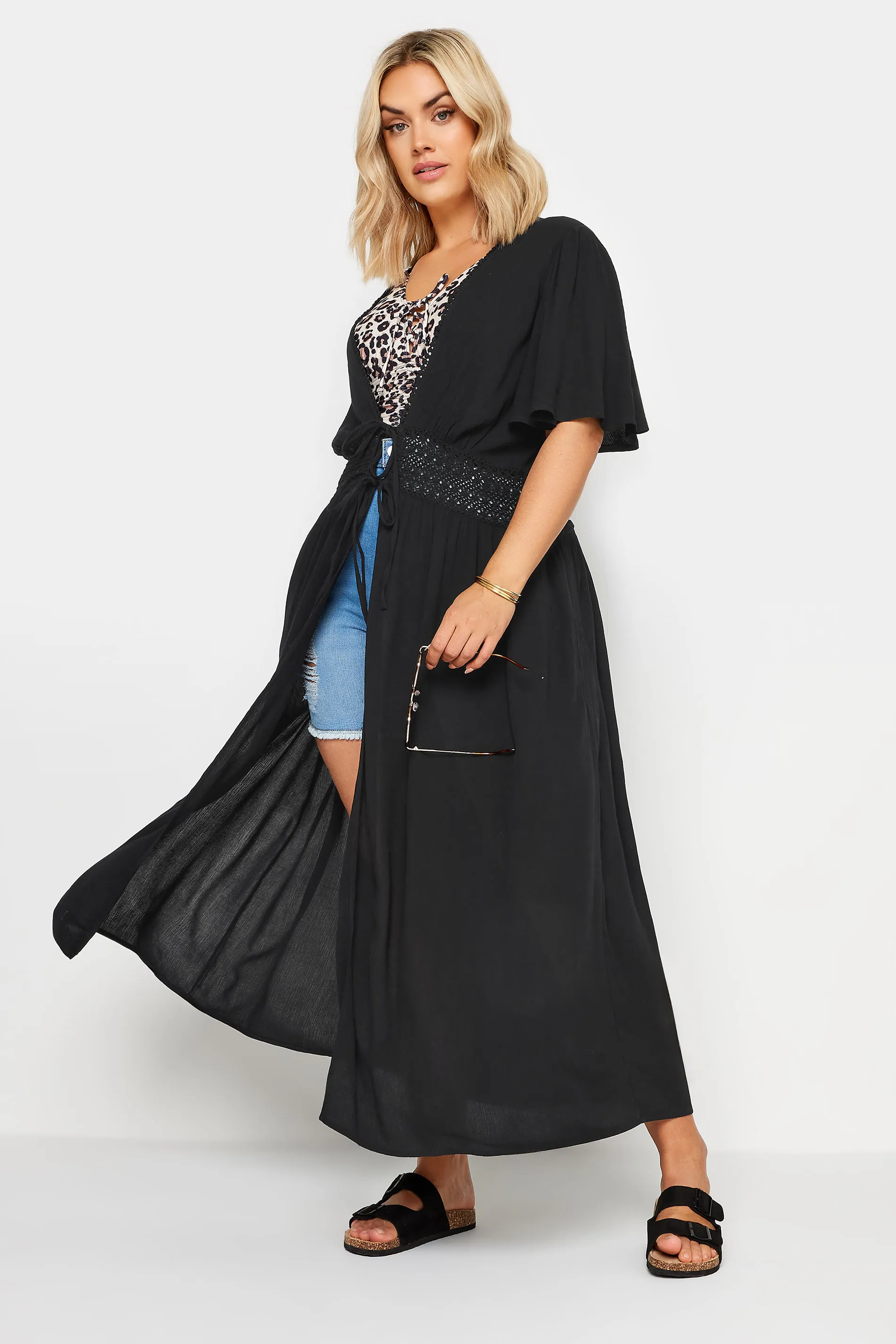 YOURS Curve Black Crinkle Maxi Kimono